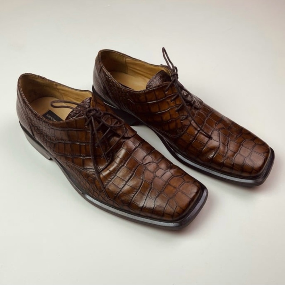 Kenneth Cole New York Brown Leather Crocodile Print Square Toe Oxfords Shoes